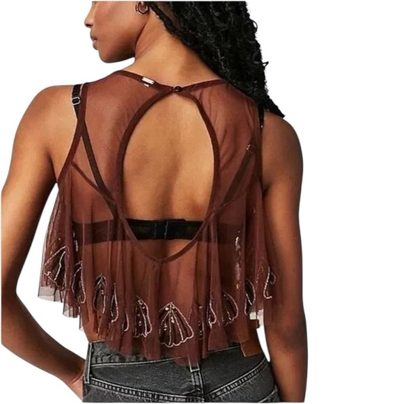 Free People Tulsi Mesh Tank Brown Sheer Embroidered Size XS #1663 - Picture 3 of 7